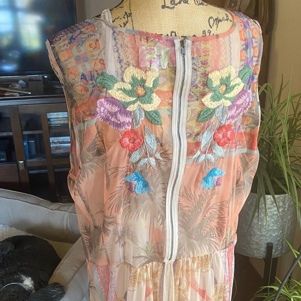 Johnny Was Sheer Floral Midi Dress in Blue, Pink and Cream - Picture 4 of 10